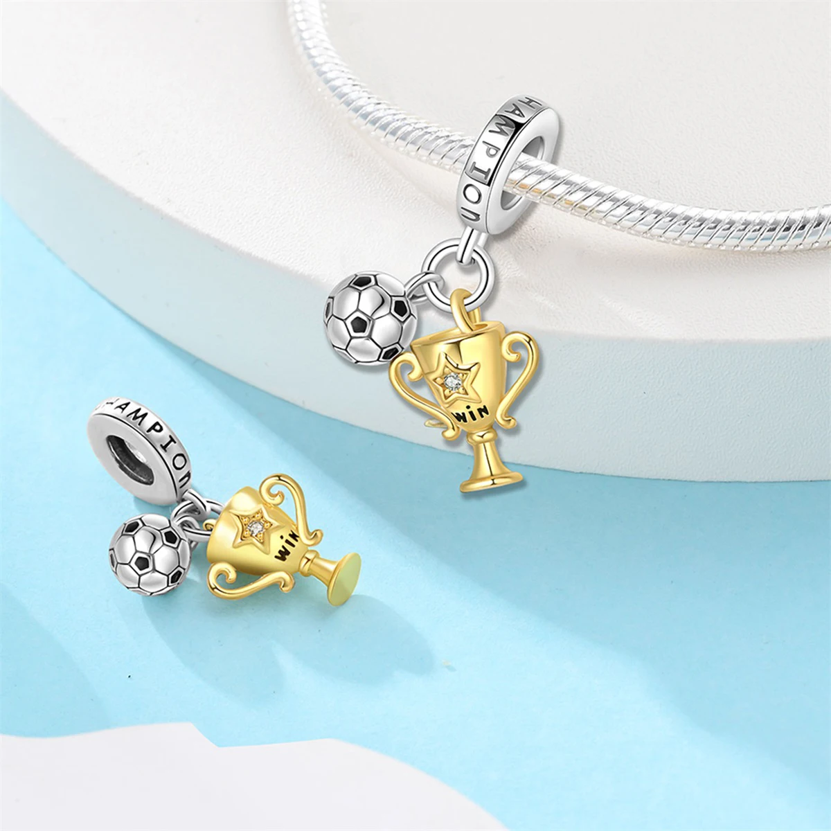 Football Series 925 Silver Plated Soccer Ball Champion Cup Charms Beads Fit 3mm 925 Original Bracelets DIY Souvenir Jewelry-18