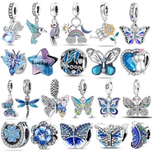 925 sterling silver blue series dragonfly butterfly bird pansy flower pendant charm fit 4mm hole diameter bracelet jewelry gift
