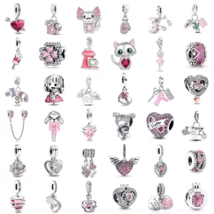new925 silver pink heart sisters bead mom&daughter charm fit original bracelet diy jewelry for women forever friend pendant gift