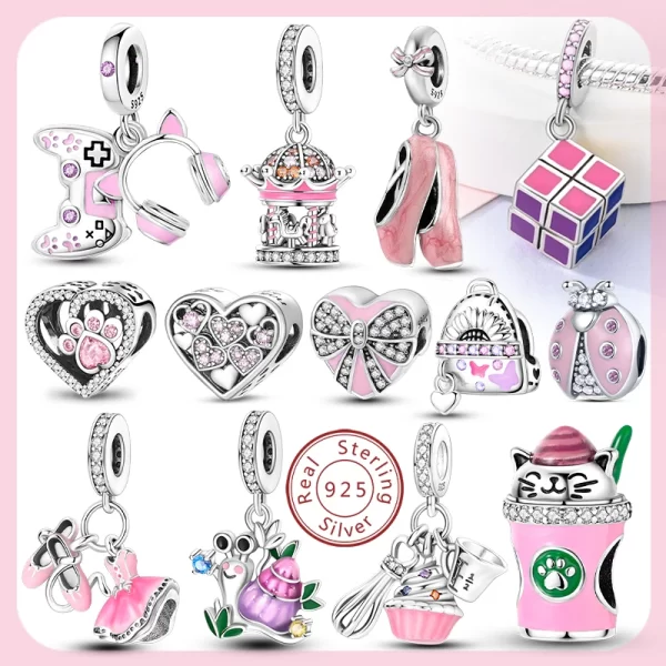 new 2025 925 sterling silver charms beads love heart pink original charm pendant fit charm bracelets diy jewelry birthday gift