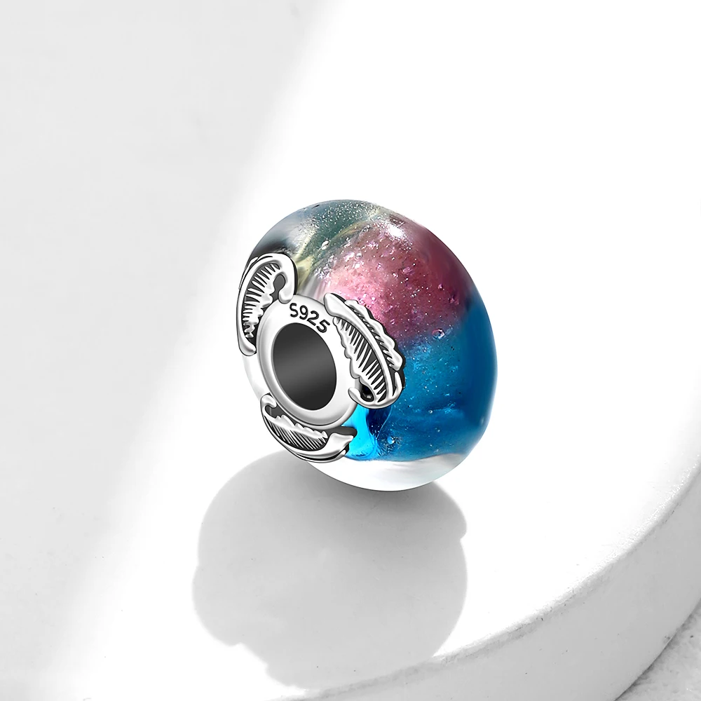 925 Silver Blue Pink Glass Bead rosted Red Murano Glass & Hearts Charms Fit Original Bracelet Women DIY Accessories Jewelry Gift-3