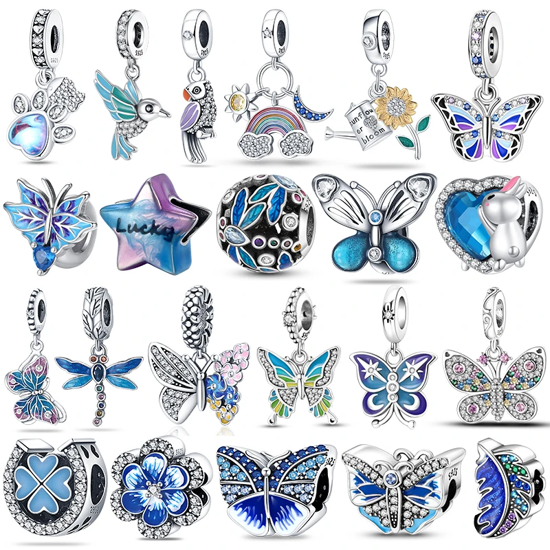 925 Sterling Silver Blue Series Dragonfly Butterfly Bird Pansy Flower Pendant Charm Fit 4MM hole diameter Bracelet Jewelry Gift-1