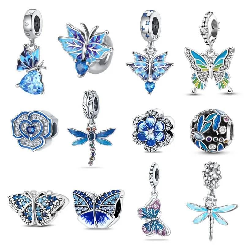 925 Sterling Silver Blue Series Dragonfly Butterfly Bird Pansy Flower Pendant Charm Fit 4MM hole diameter Bracelet Jewelry Gift-2