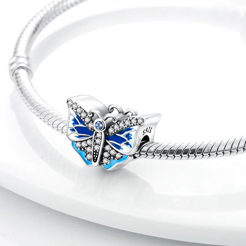 925 Sterling Silver Blue Series Dragonfly Butterfly Bird Pansy Flower Pendant Charm Fit 4MM hole diameter Bracelet Jewelry Gift-3