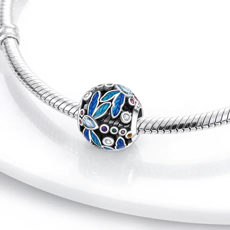 925 Sterling Silver Blue Series Dragonfly Butterfly Bird Pansy Flower Pendant Charm Fit 4MM hole diameter Bracelet Jewelry Gift-4