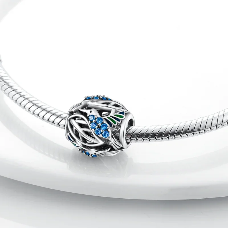 925 Sterling Silver Blue Series Dragonfly Butterfly Bird Pansy Flower Pendant Charm Fit 4MM hole diameter Bracelet Jewelry Gift-5