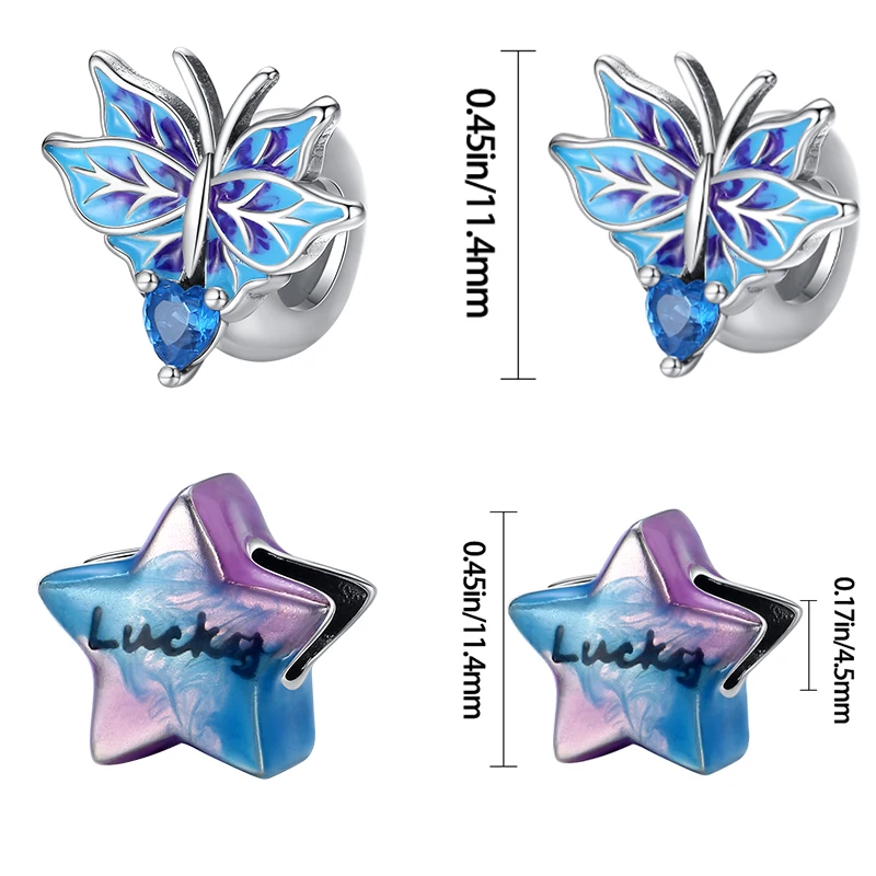 925 Sterling Silver Blue Series Dragonfly Butterfly Bird Pansy Flower Pendant Charm Fit 4MM hole diameter Bracelet Jewelry Gift-6