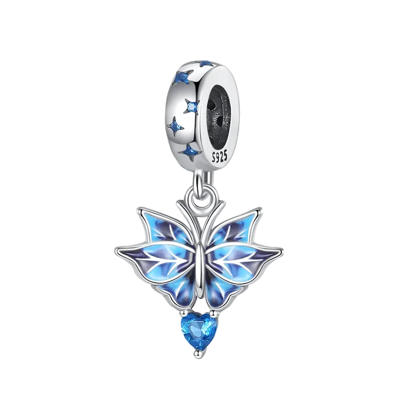 925 Sterling Silver Blue Series Dragonfly Butterfly Bird Pansy Flower Pendant Charm Fit 4MM hole diameter Bracelet Jewelry Gift-13
