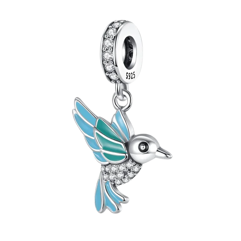 925 Sterling Silver Blue Series Dragonfly Butterfly Bird Pansy Flower Pendant Charm Fit 4MM hole diameter Bracelet Jewelry Gift-15