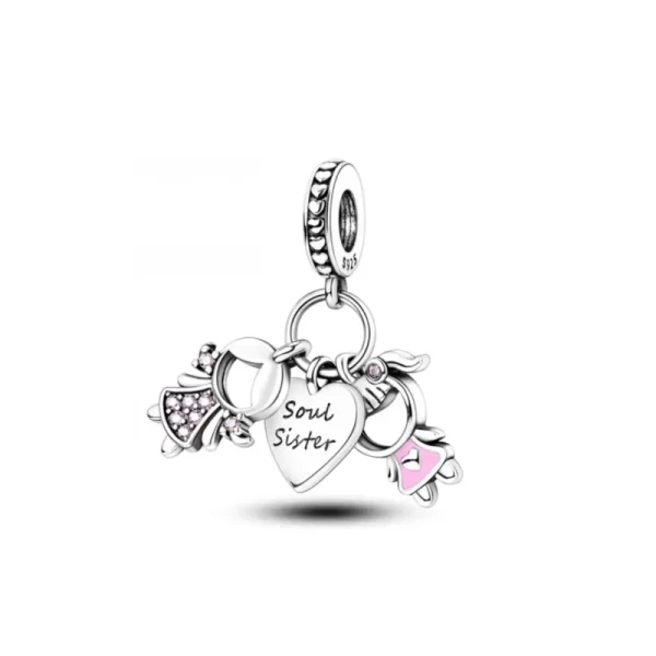 new925 silver pink heart sisters bead mom&daughter charm fit original bracelet diy jewelry for women forever friend pendant gift