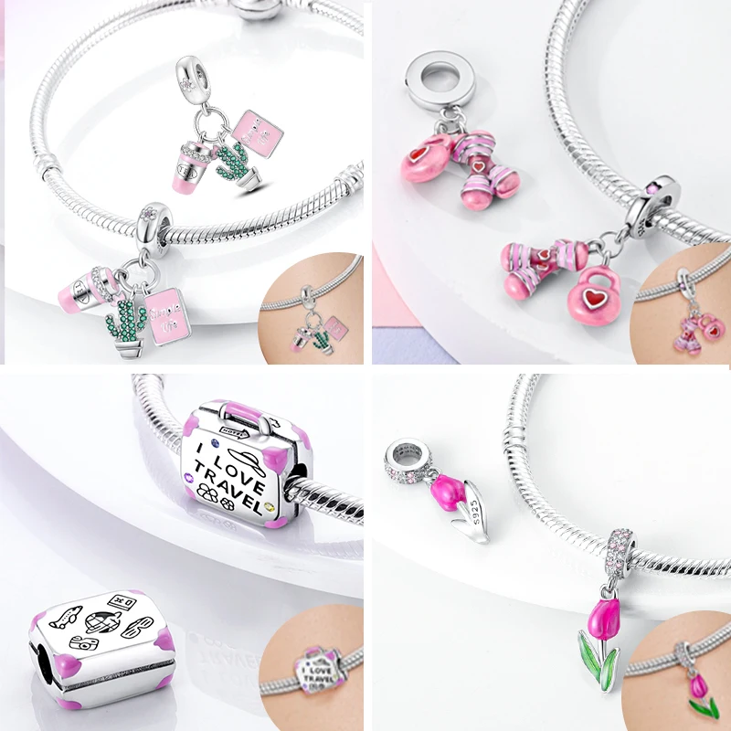 New 2025 925 Sterling Silver Charms Beads Love Heart Pink Original Charm Pendant Fit Charm Bracelets DIY Jewelry Birthday Gift-4