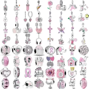 fit original charms bracelet 925 silver plated pendant pink series heart flower spring butterfly bead women diy jewelry making
