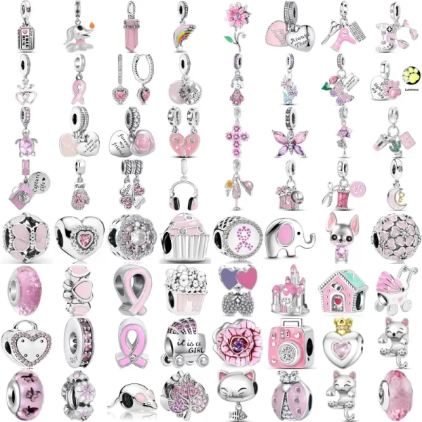 fit original charms bracelet 925 silver plated pendant pink series heart flower spring butterfly bead women diy jewelry making