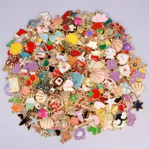 30/60/100pcs random mix enamel/drip oil charms for jewelry making bulk cute charm flower heart animal music diy bracelet pendant