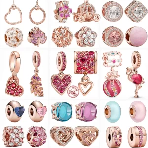 hot sale rose gold series pink zircon leaves heart pendant sparkling clip bead fit pantaro charm bracelet diy 925 silver jewelry