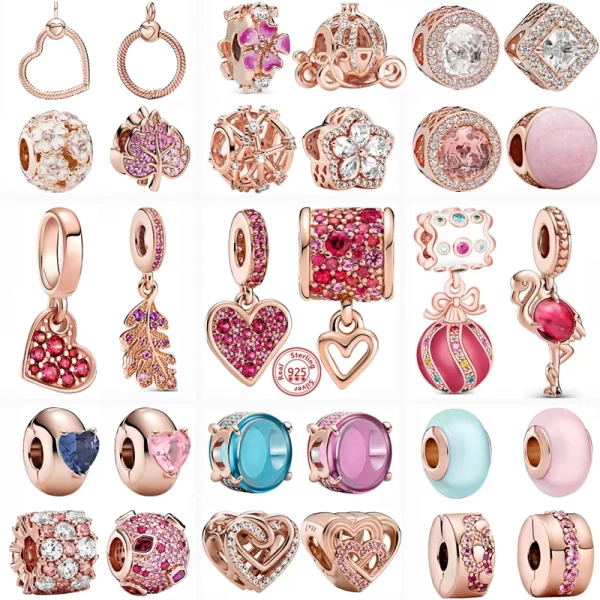 hot sale rose gold series pink zircon leaves heart pendant sparkling clip bead fit pantaro charm bracelet diy 925 silver jewelry