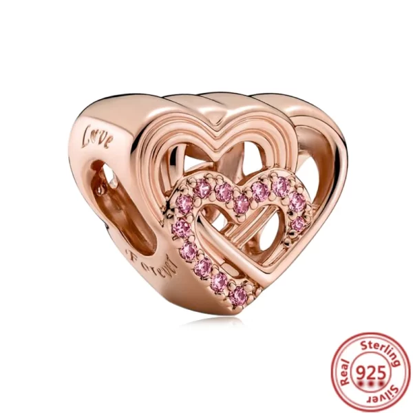 hot sale rose gold series pink zircon leaves heart pendant sparkling clip bead fit pantaro charm bracelet diy 925 silver jewelry