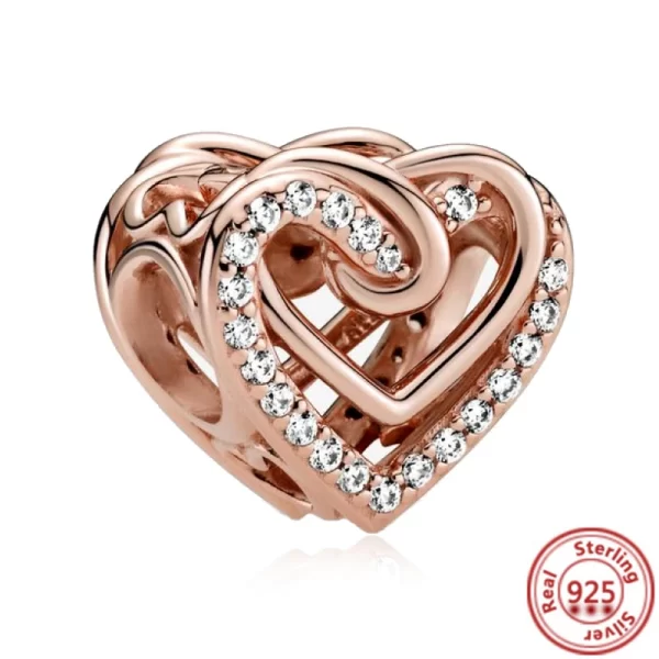 hot sale rose gold series pink zircon leaves heart pendant sparkling clip bead fit pantaro charm bracelet diy 925 silver jewelry