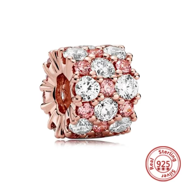 hot sale rose gold series pink zircon leaves heart pendant sparkling clip bead fit pantaro charm bracelet diy 925 silver jewelry