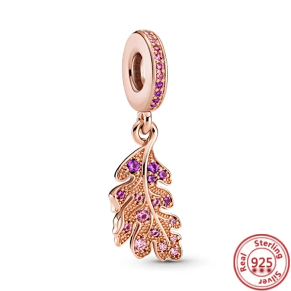 hot sale rose gold series pink zircon leaves heart pendant sparkling clip bead fit pantaro charm bracelet diy 925 silver jewelry