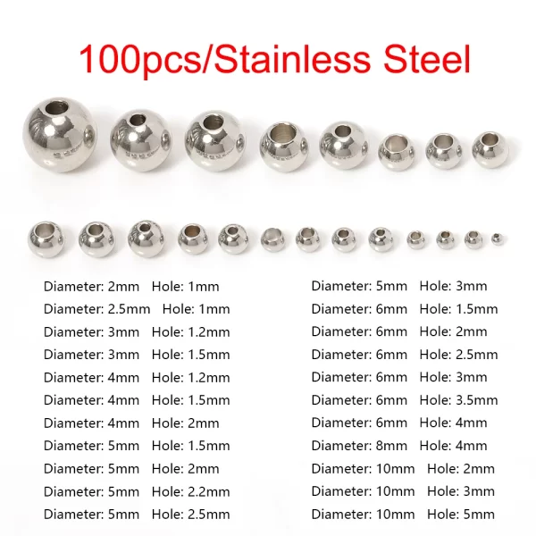 100pcs 3 10mm stainless steel beads for jewelry making loose spacer beads ball hole 1.2 5mm for bracelets jewelry components diy