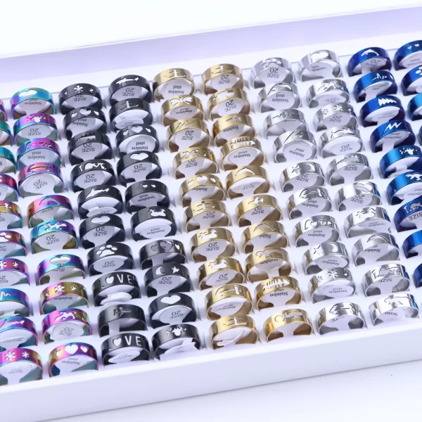 10/20/30/50Pcs Classic Fashion Stripe Hollow Colorful Sticker Stainless Steel Ring Trend Women Jewelry Party Decoration Gift - Image 3