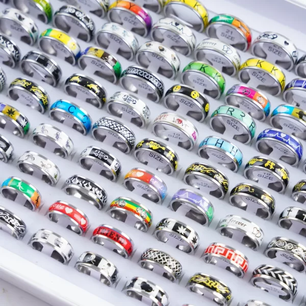 10/20/30/50Pcs Classic Fashion Stripe Hollow Colorful Sticker Stainless Steel Ring Trend Women Jewelry Party Decoration Gift - Image 4
