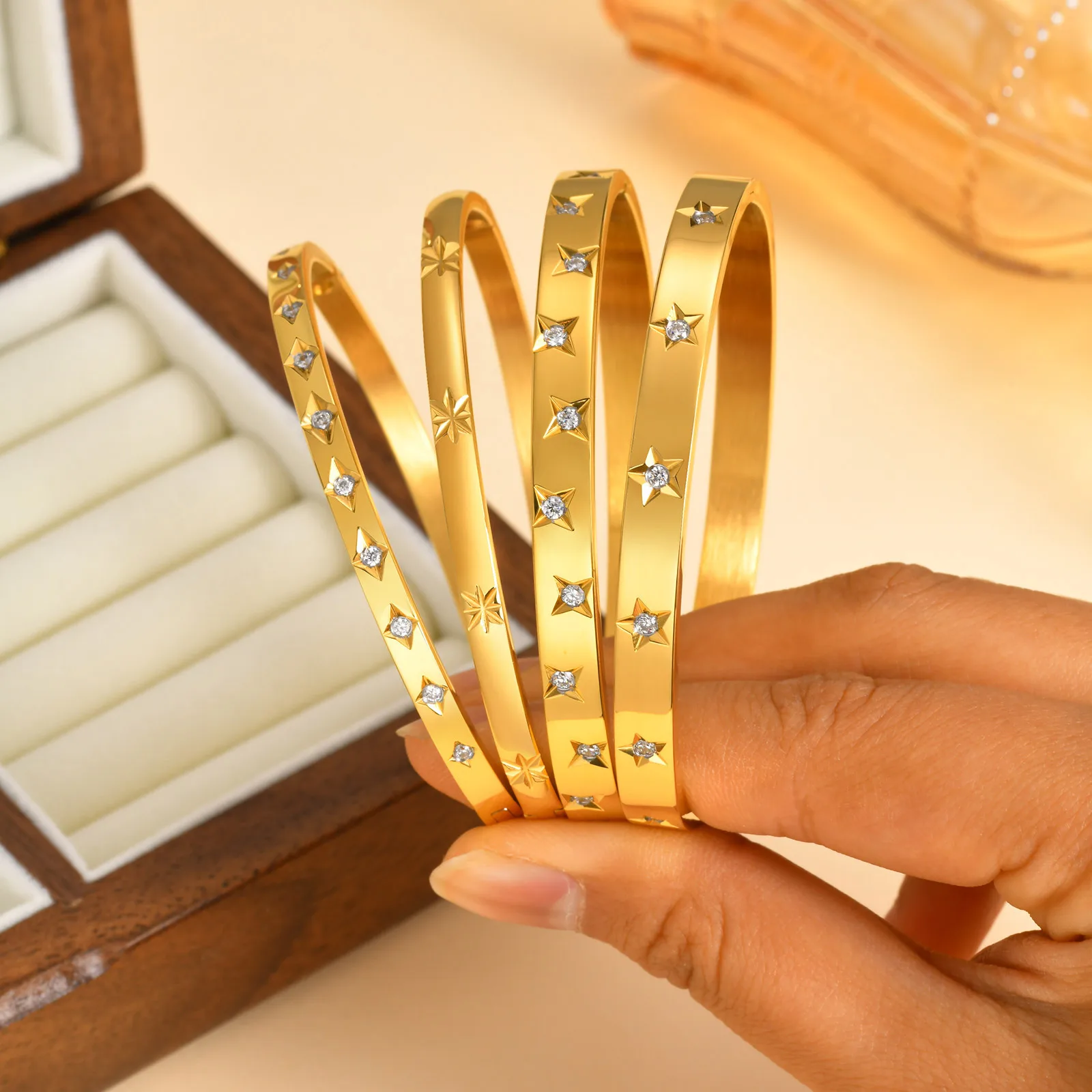 Vnox High-End Stainless Steel Women Bangles, Luxury Solid Gold Plated Love Cuff Bracelets,US Europ Hot Fashion Daily Ins Jewelry-4