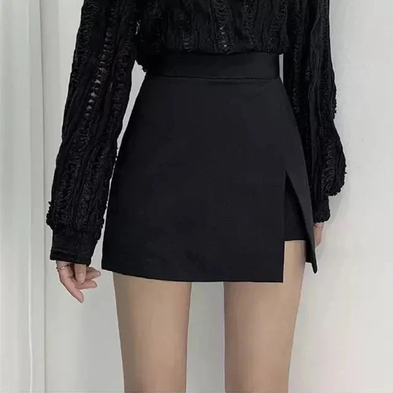 Black Mini Skirts Women Irregular Side Slits High Waist A Line Shorts Skirts Summer Korean Fashion Chic Hip Wrap Skirt Female-3