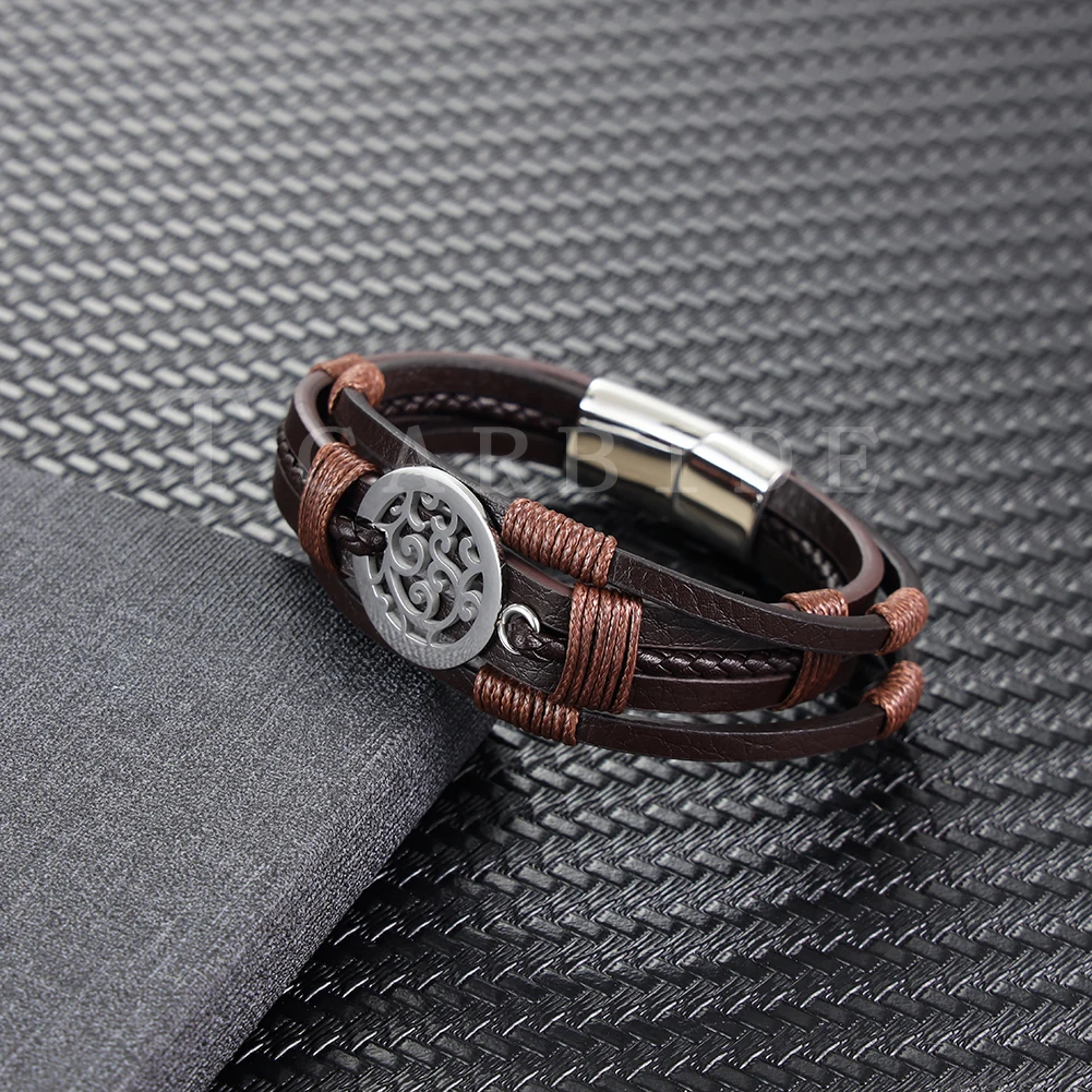 Three-Layer Men's Fashion Premium Genuine Leather Bracelets Stainless Steel Magnetic Clasp Charming Geometric Pattern Jewelry-9 Three-Layer Men's Fashion Premium Genuine Leather Bracelets Stainless Steel Magnetic Clasp Charming Geometric Pattern Jewelry-9