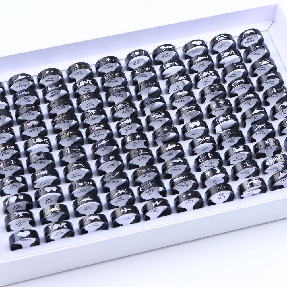 10/20/30/50Pcs Classic Fashion Stripe Hollow Colorful Sticker Stainless Steel Ring Trend Women Jewelry Party Decoration Gift-15