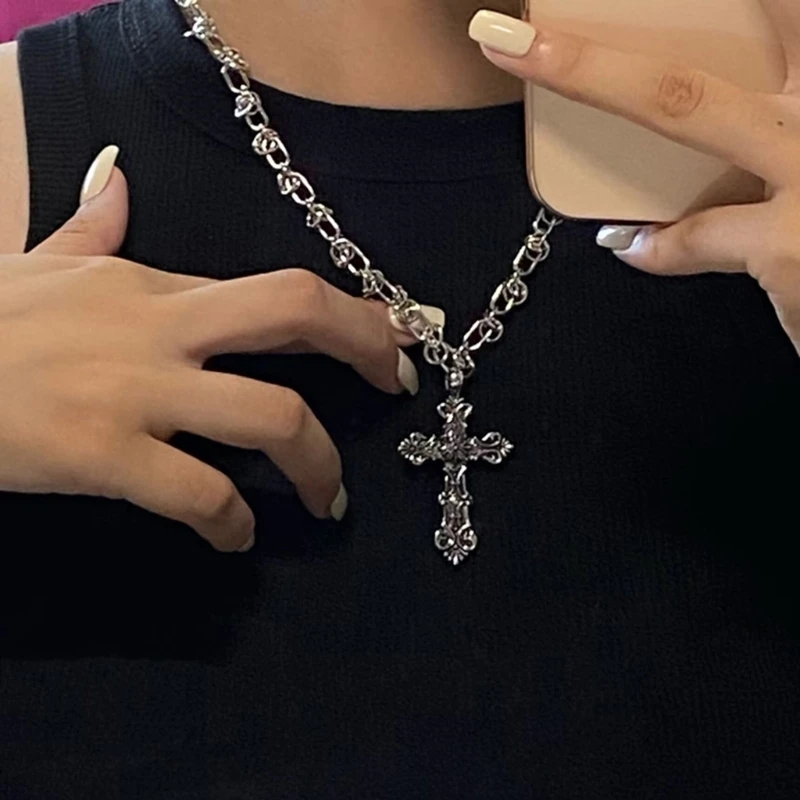 Vintage Cross Pendants Necklace for Women Kpop Punk Chain Necklaces Long Korean Fashion Retro Jewelry on The Neck Gift-9