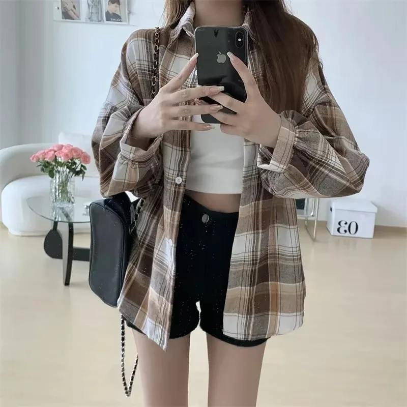 Plaid Shirt Women Fashion Autumn Long Sleeve Top Female Vintage Single Breasted Blouse Ladies Preppy Style Loose Check Shirts-8