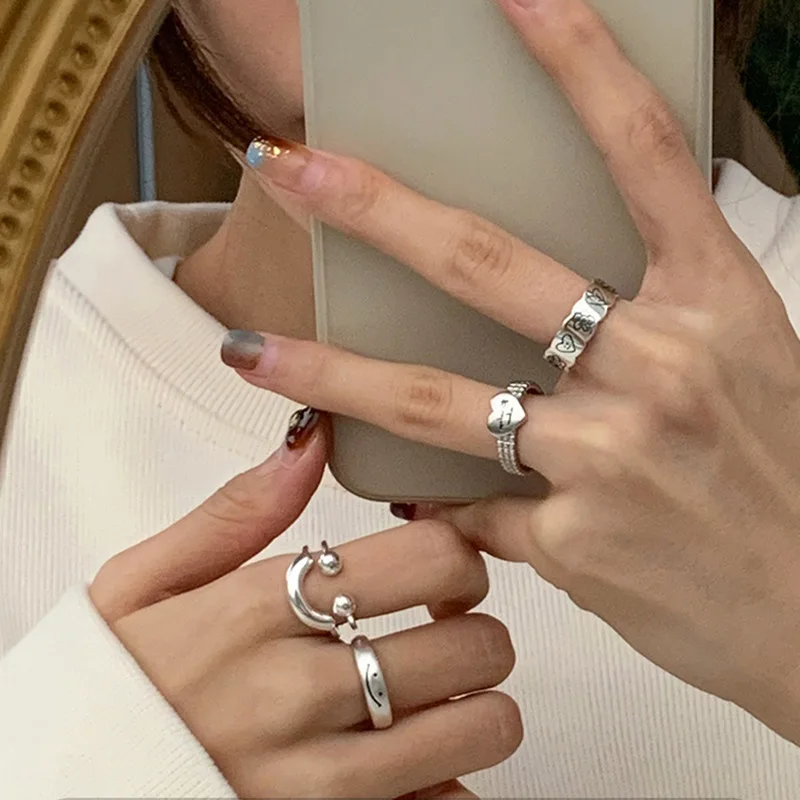 Fashion Silver Color Smile Shape Ring for Women Fine Jewelry Finger Adjustable Open Vintage Ring for Party Birthday Gift-2