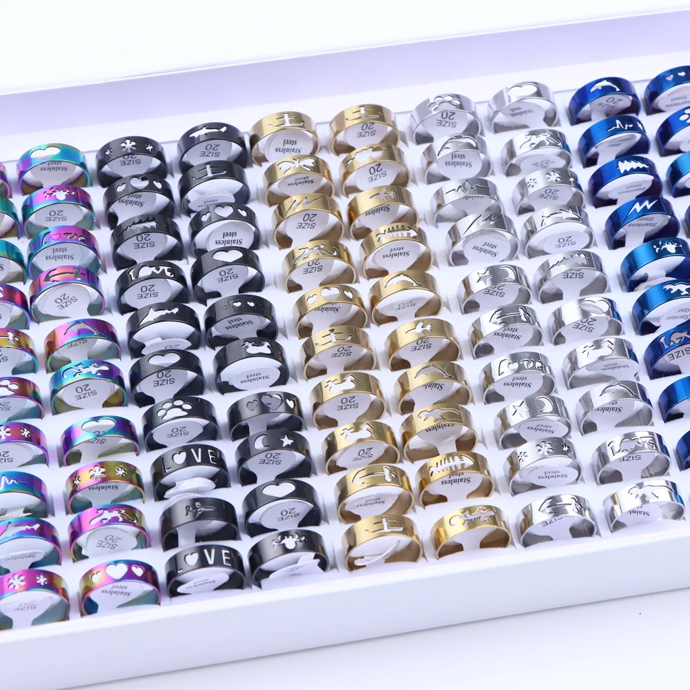 10/20/30/50Pcs Classic Fashion Stripe Hollow Colorful Sticker Stainless Steel Ring Trend Women Jewelry Party Decoration Gift-10