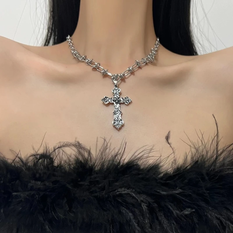 Vintage Cross Pendants Necklace for Women Kpop Punk Chain Necklaces Long Korean Fashion Retro Jewelry on The Neck Gift-5