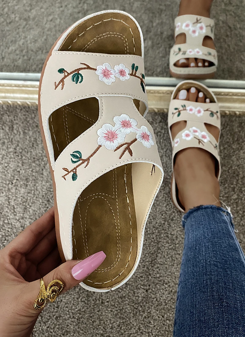 Women Slippers Embroider Flowers Leather Woman Sandals 2023 Outdoor Light Casual Wedges Slippers Slip on Summer Shoes for Women-11