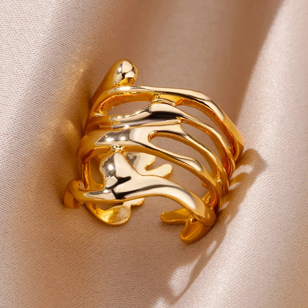 Stainless Steel Rings For Women Men Gold Color Hollow Wide Open Ring Female Male Fashion Wedding Party Finger Jewelry Gift 2024-3 Stainless Steel Rings For Women Men Gold Color Hollow Wide Open Ring Female Male Fashion Wedding Party Finger Jewelry Gift 2024-3