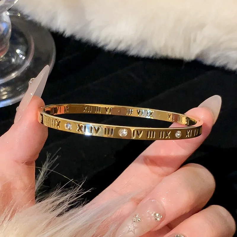 1pc Titanium Steel Gold Bracelet, Fashionable Classic Style, Stainless Steel Bracelet,Inlaid With Zircon,For Womens Daily Wear-13