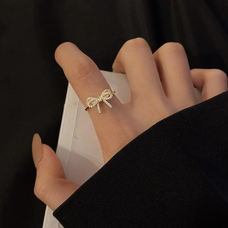 Yupsk Korean Fashion Micropaved Crystal Zirconia Bow Ring for Women Girls Exquisite Ins Trendy Minimalist Finger Rings Jewelry-5