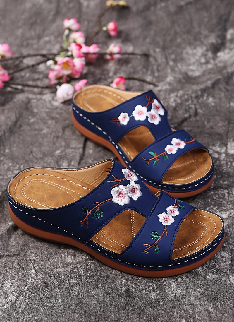Women Slippers Embroider Flowers Leather Woman Sandals 2023 Outdoor Light Casual Wedges Slippers Slip on Summer Shoes for Women-9