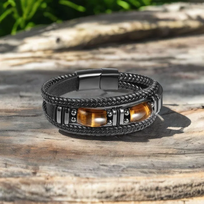 Tiger Eye Black Leather Bracelet Men Natural Gemstone Crystal Stone Jewelry Handmade Courage Stress Relief Protection Bracelet-1