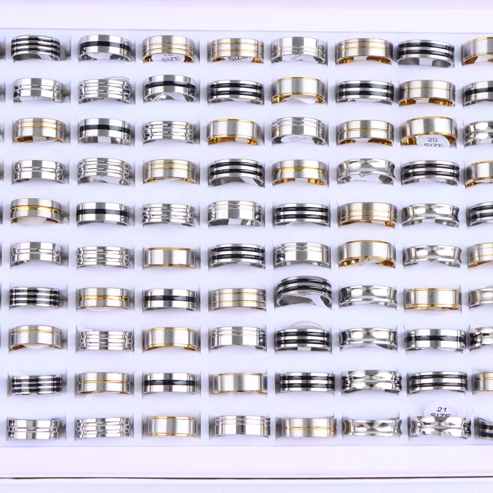 10/20/30/50Pcs Classic Fashion Stripe Hollow Colorful Sticker Stainless Steel Ring Trend Women Jewelry Party Decoration Gift-4