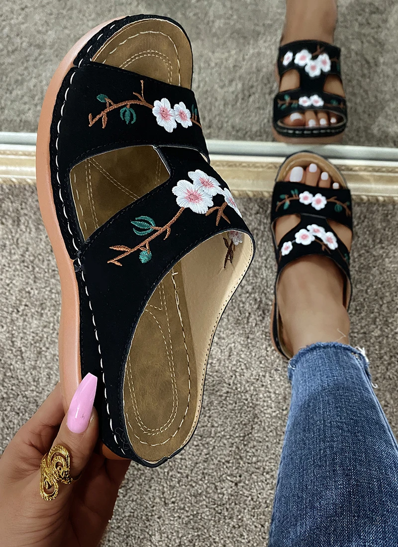 Women Slippers Embroider Flowers Leather Woman Sandals 2023 Outdoor Light Casual Wedges Slippers Slip on Summer Shoes for Women-13