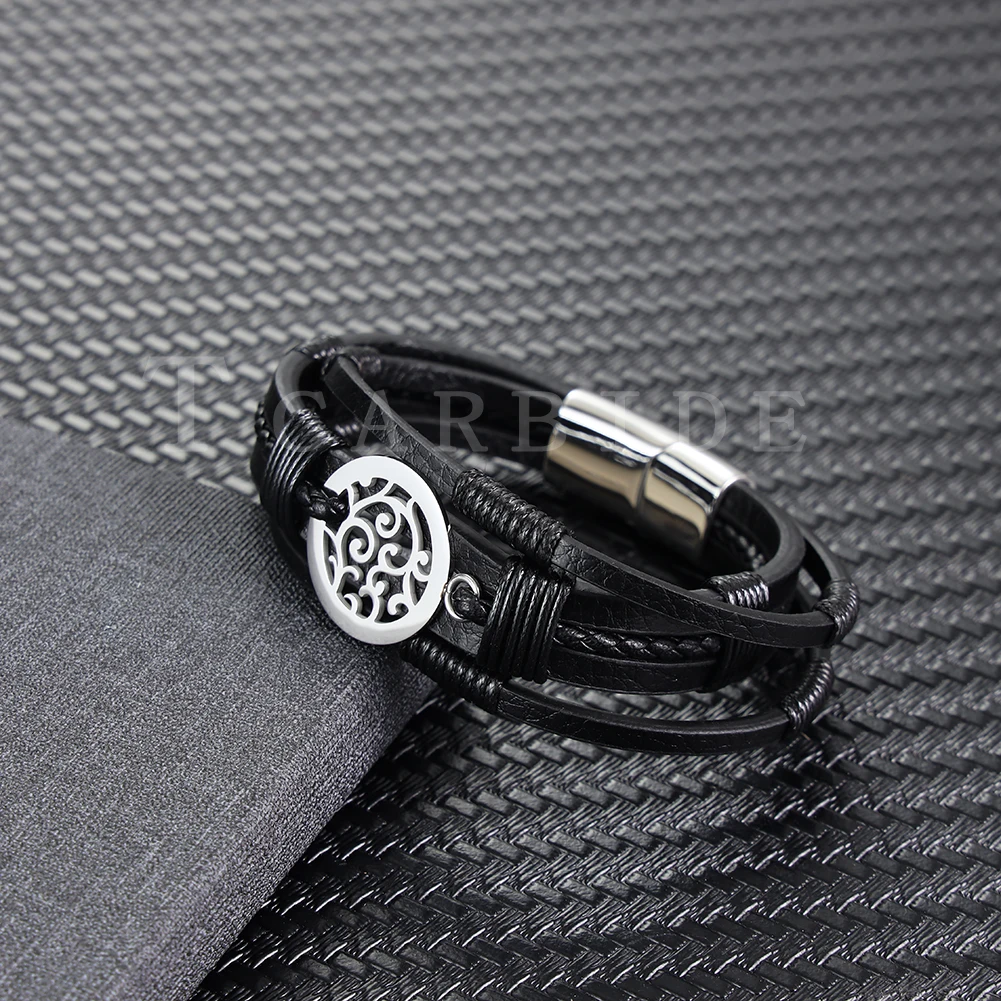 Three-Layer Men's Fashion Premium Genuine Leather Bracelets Stainless Steel Magnetic Clasp Charming Geometric Pattern Jewelry-5 Three-Layer Men's Fashion Premium Genuine Leather Bracelets Stainless Steel Magnetic Clasp Charming Geometric Pattern Jewelry-5
