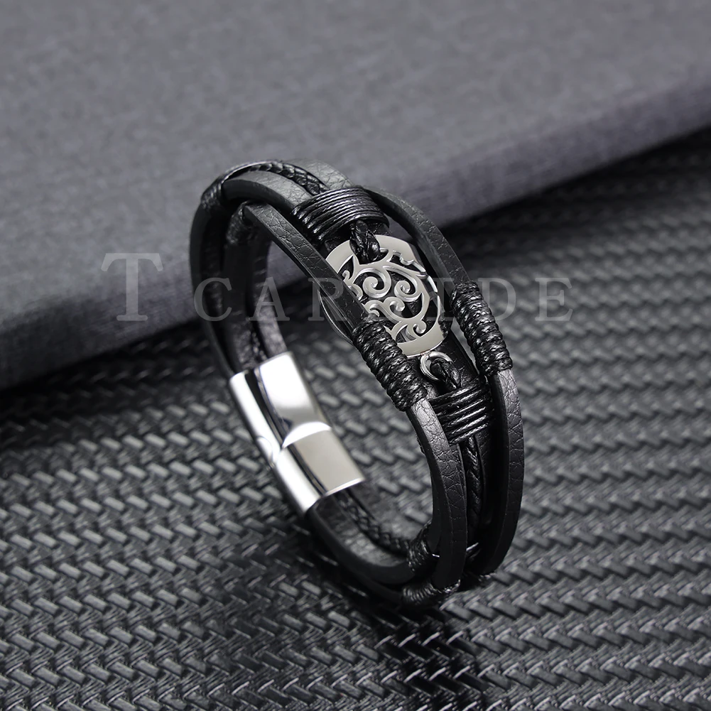 Three-Layer Men's Fashion Premium Genuine Leather Bracelets Stainless Steel Magnetic Clasp Charming Geometric Pattern Jewelry-4 Three-Layer Men's Fashion Premium Genuine Leather Bracelets Stainless Steel Magnetic Clasp Charming Geometric Pattern Jewelry-4