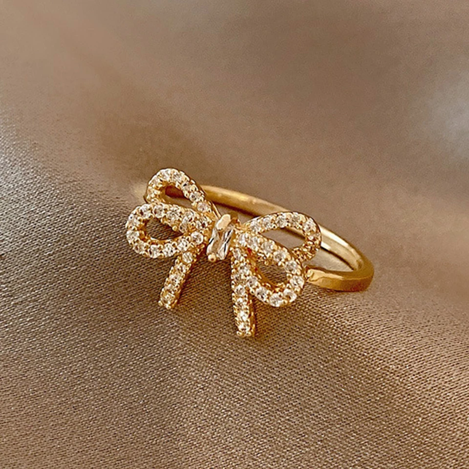 Yupsk Korean Fashion Micropaved Crystal Zirconia Bow Ring for Women Girls Exquisite Ins Trendy Minimalist Finger Rings Jewelry-2
