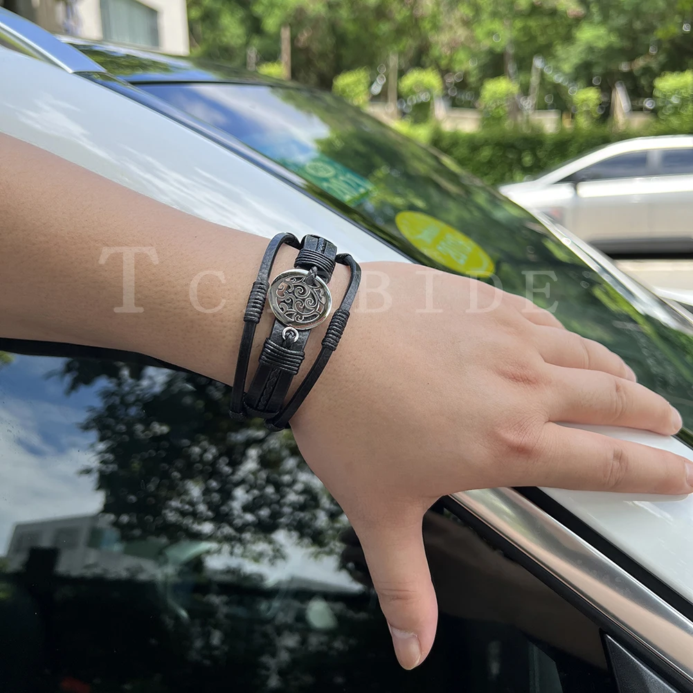 Three-Layer Men's Fashion Premium Genuine Leather Bracelets Stainless Steel Magnetic Clasp Charming Geometric Pattern Jewelry-6 Three-Layer Men's Fashion Premium Genuine Leather Bracelets Stainless Steel Magnetic Clasp Charming Geometric Pattern Jewelry-6