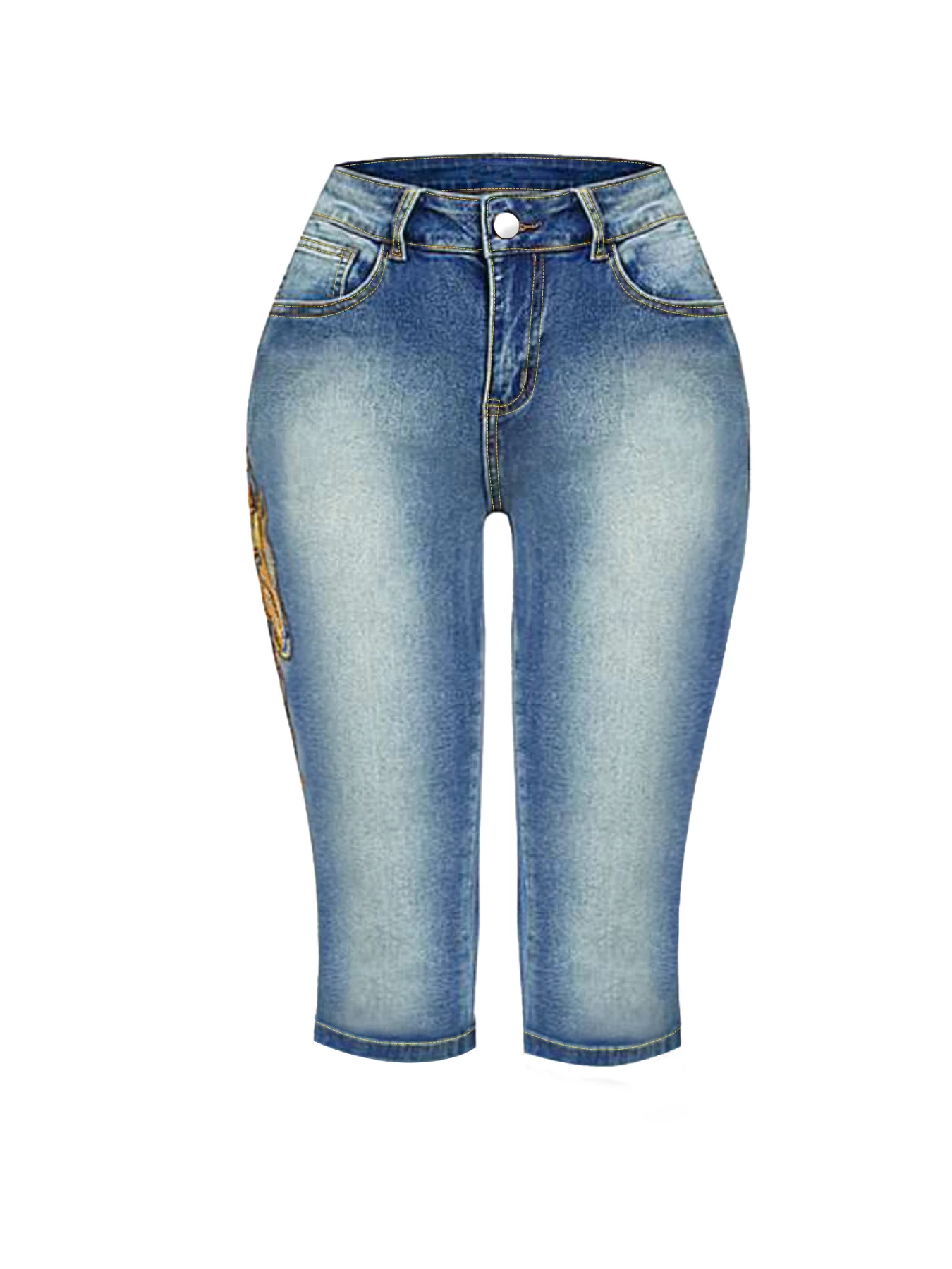 Washed blue polished white cat whisker pattern pony side embroidery high waist street style fashion women's denim cropped pants-4