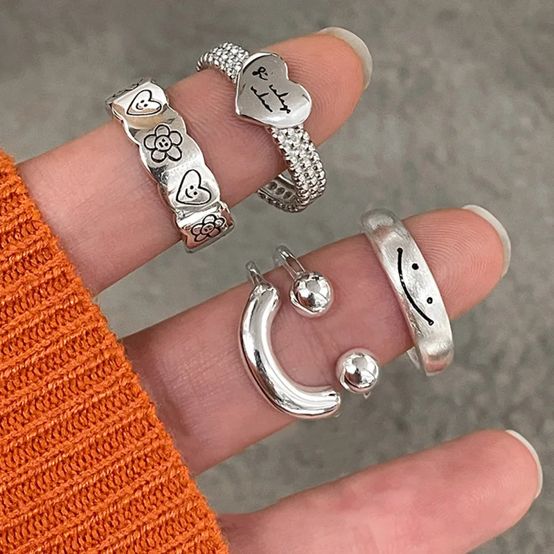 Fashion Silver Color Smile Shape Ring for Women Fine Jewelry Finger Adjustable Open Vintage Ring for Party Birthday Gift-3
